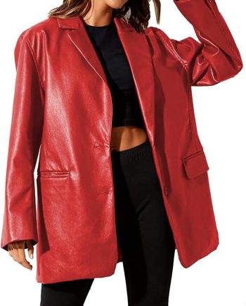 Women Leather Jacket Oversized Faux Leather Blazer Button Down Lapel Coat with Pockets Vintage Streetwear