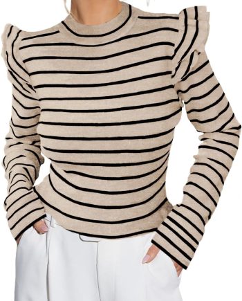 Women's Long Sleeve Ruffle Shirts Striped Rib Knit Blouse Slim Casual Office Trendy Fall Spring Tops 2025