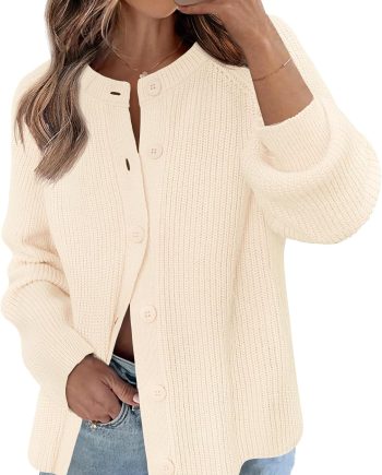 Women's 2025 Long Sleeve Cardigan Sweater Fall Crew Neck Button Open Front Chunky Knit Outfits